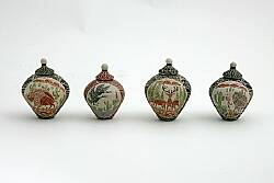 Artist:                       Gpe Gallegos\nHeight:                     each approximately 2"\nDiameter:                 each approximately  1  1/2"\nCircumference:         each approximately  4  3/4"\nPrice:                       $185 each  (sold individually)\n\nThese fine escrito (etched) miniatures have removable tops!